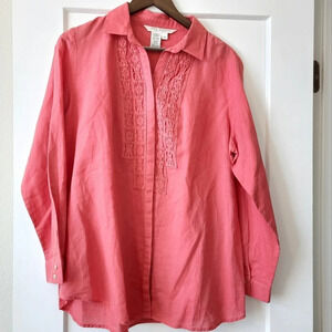 Max Studio 100% linen button down shirt. Coral.  Size 1X. Roll tab. Crochet lace